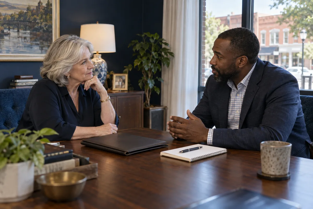 An owner and adviser having a thoughtful office conversation