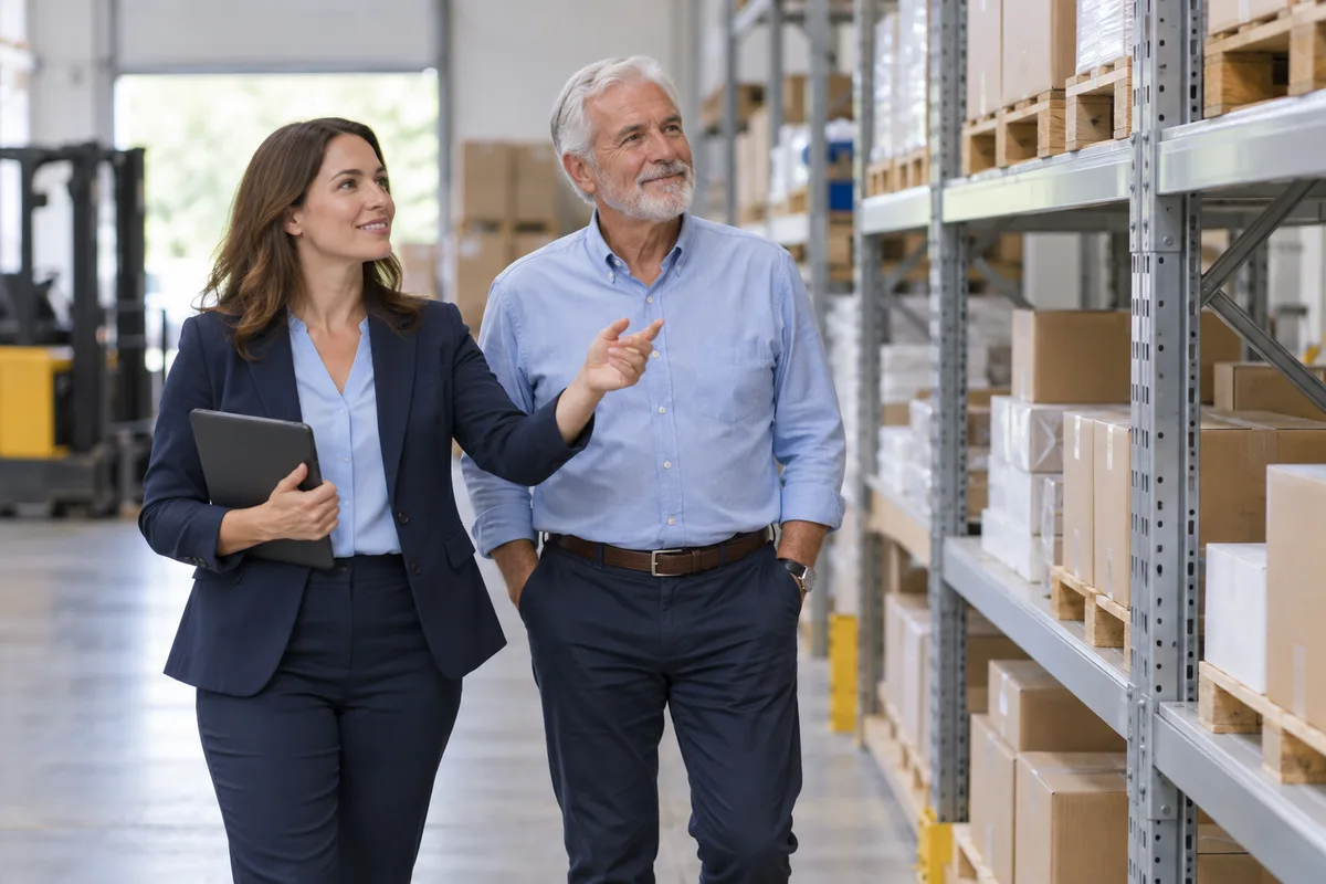 A buyer touring a distribution business