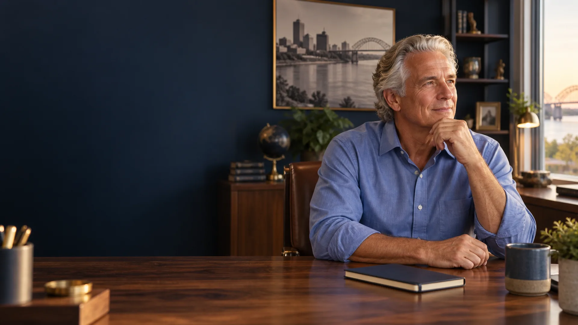 An older business owner reflecting at his desk