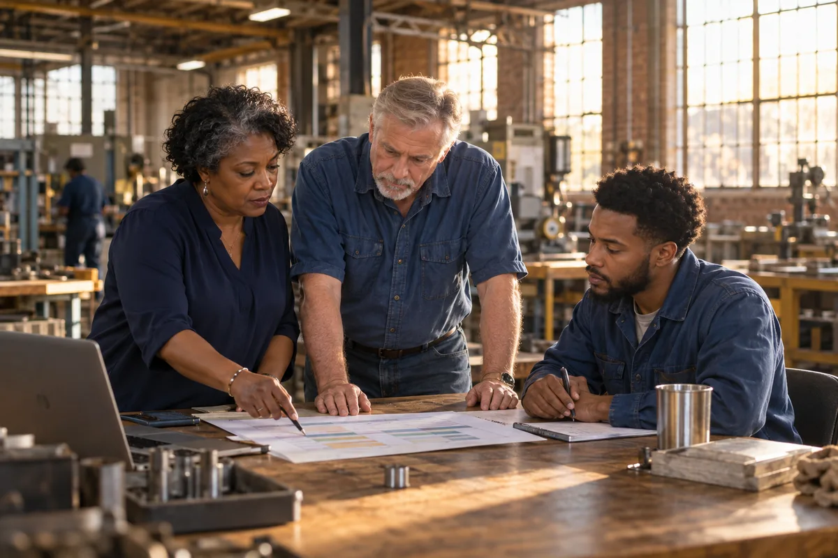 An owner and her team discussing operations in a workshop