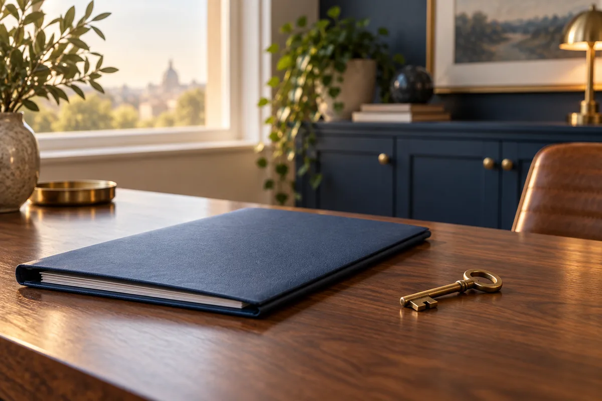 A closed folder and key in a private office