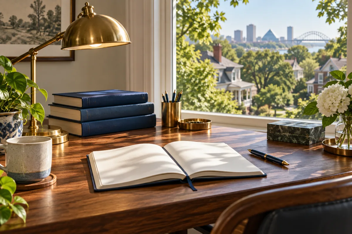 A quiet workspace with books and a notebook