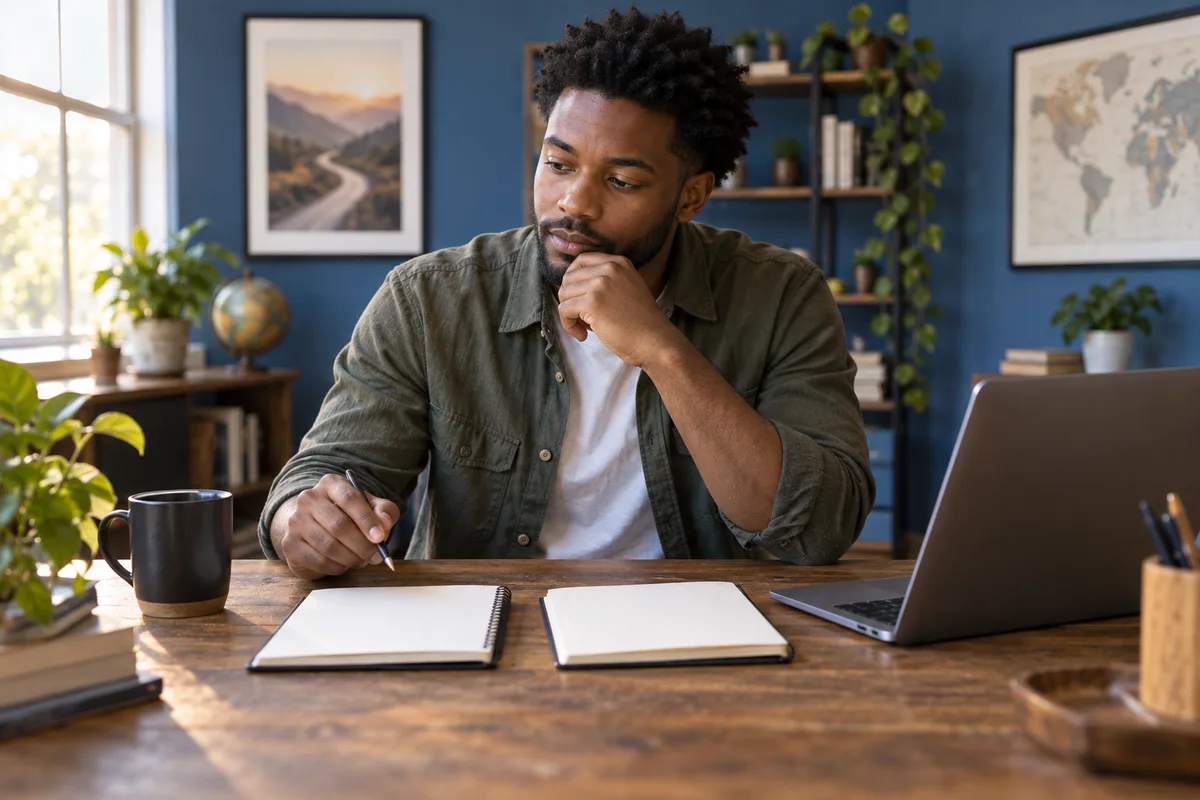 A prospective buyer preparing at his office desk