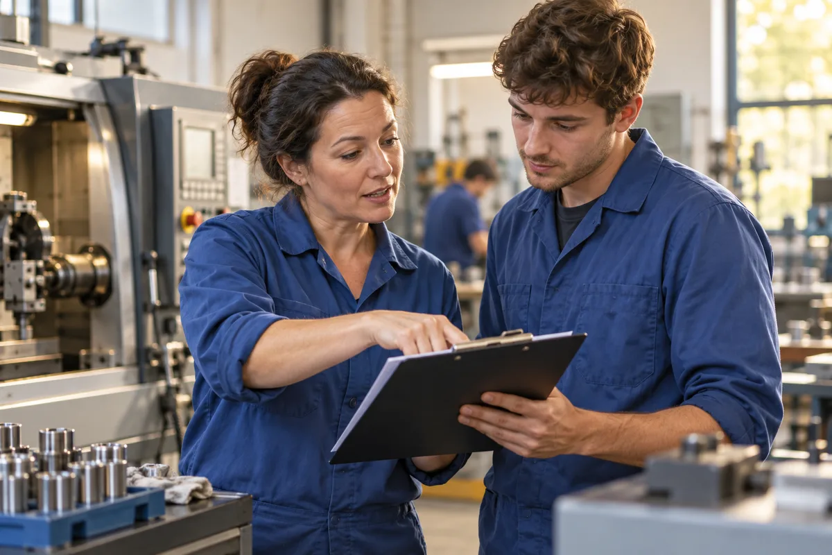 Colleagues reviewing a process in a workshop